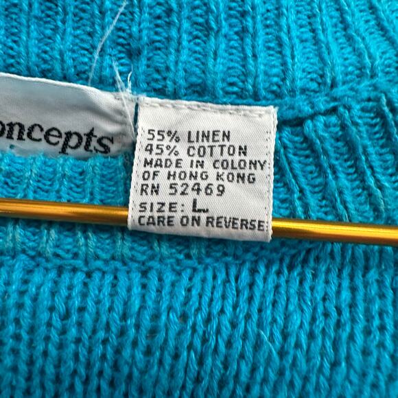 Country Concepts Womens Top Size L Turquoise Linen Blend Vintage Coastal Knit - Picture 4 of 8